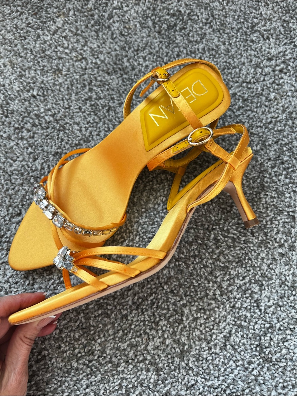 DeltaN Orange Satin Crystal Ankle-Strap Heels